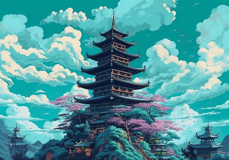 国潮古建筑高塔大气背景,插画/手绘图,插画/手绘图库,插画/手绘图下载,插画/手绘